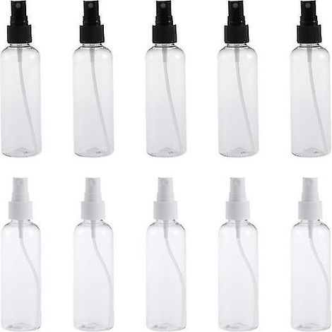 Packung mit 10 leeren, durchsichtigen 100-ml-Sprühflaschen aus Kunststoff, tragbare und wiederbefüllbare Reisesprüher für Kosmetika (zufällige Düsenfarbe) (1/4)