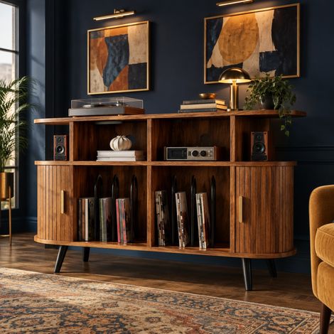 Meuble pour vinyles et équipement HiFi en MDF finition noyer 110 x 40 x 76 cm (1/5)