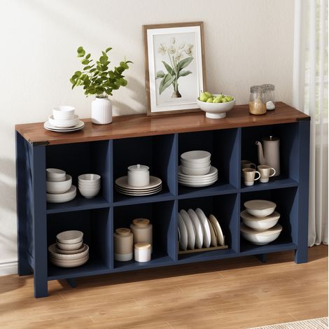 Mobile contenitore a 8 vani aperti 140 x 34 x 75 cm, MDF blu effetto legno, OKMYHOME (1/5)