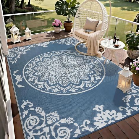 Tapis Exterieur Resistant Pluie Réversible 180x270cm Tapis Exterieur Terrasse Tapisextérieur pour Balcon, Terrasse, Jardin, Camping, Pique-Nique(Bleu (1/5)