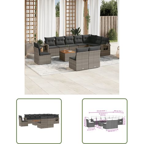 The Living Store 11-tlg. Garten-Sofagarnitur mit Kissen Grau Poly Rattan - Gartenmöbel Set - Esszimmergarnitur - Outdoor Möbel - Lounge Garnitur - Rattan Gartenmöbel (1/3)