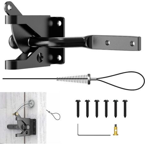 INHHUB Loquet à gravité pour portail autobloquant, en acier au carbone avec ressort et câble de traction ajustable, pour les clôtures en métal et en bois (kit noir)-INHHUB