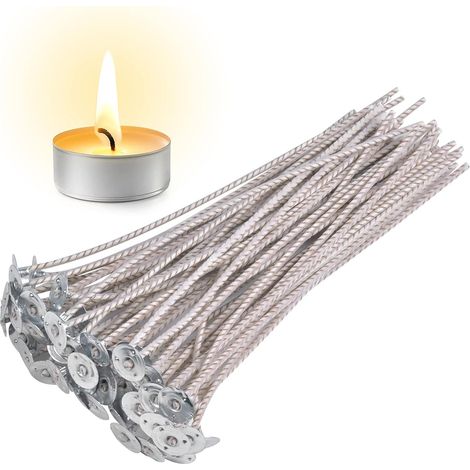 50 Mèche de bougie, coton naturel pré-ciré 15cm, base métal pour fabrication DIY, sans fumée (1/5)