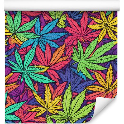 Papier peint à motifs de feuilles de cannabis roses et vertes pour salon et chambre 50x1000 (1/5)