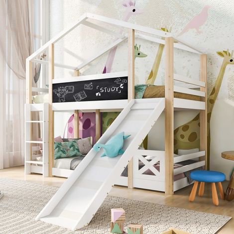 Kinderbett Baumhaus 90x200 cm mit Rutsche, Leiter und Tafel, Hochbett aus Kiefer Massivholz mit Rausfallschutz, Spielbett in Natur und Weiß (1/5)