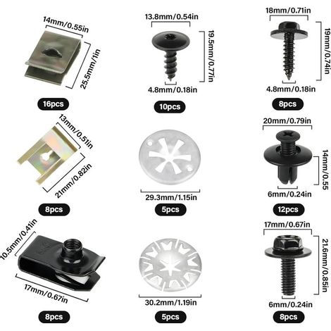 80 Pièces Vis & Clips Voiture Kit,Vis Carrosserie Voiture avec Verrouillage Rondelle Clips,U Clips Carrosserie & Vis de Soubassement,Clips de Fixation Voiture Kit pour Réparer les Pare Boues (1/4)