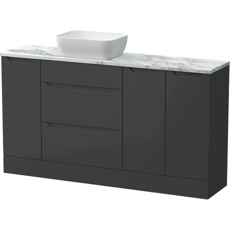 Teddesley Floor Standing 2 Drawer 3 Door Combination Vanity Basin Unit with Worktop and Countertop Vessel, 1500mm, Dark Grey (1/4)
