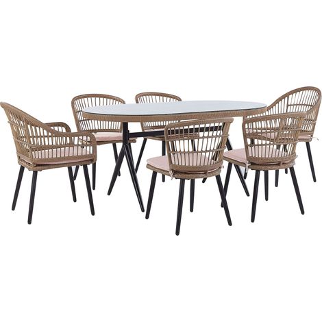 Set da giardino 6 posti in rattan e cuscini di colore rosa e tavolo in vetro Aliano (1/5)