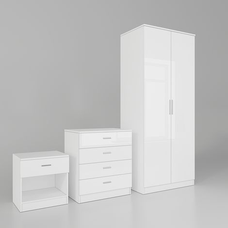 ELEGANT Wardrobe White High Gloss Bedroom Furniture Wardrobe 2 Doors with Chest 4 Drawer and Bedside Cabinet (1/5)