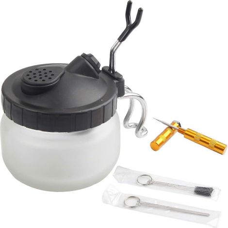 Kit de nettoyage complet pour aérographe comprenant 1 pot de nettoyage avec support, 5 brosses de nettoyage, 5 picots de nettoyage et 1 aiguille de lavage. (1/5)