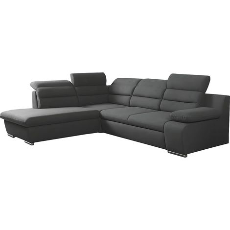 Vente-Unique – Canapé d'angle convertible 5 places en tissu polyester – Gris anthracite – Angle gauche – Mécanisme de conversion express – Têtières réglables (1/3)