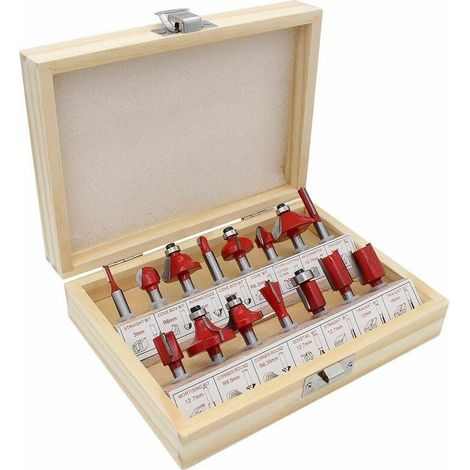 15Pcs 6.35mm Shank Tungsten Carbide Router Bit Set Slotting Milling Cutter Wood Router Bit Milling Cutter Router Bit Kit with Wooden Case (1/5)
