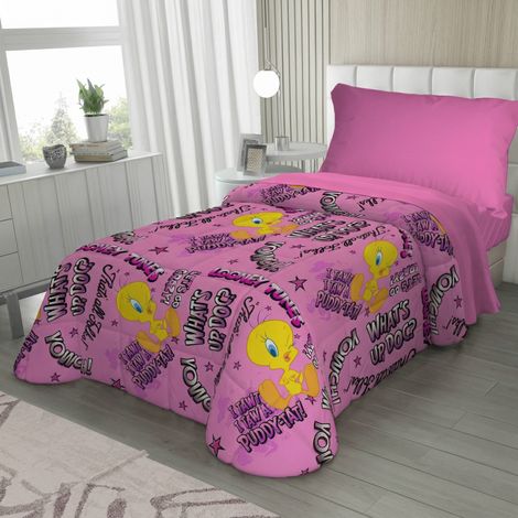 Couvre-lit simple pour enfants 170x250 Tweety Pink Looney Tunes – Courtepointe légère 80 g/m² en microfibre, fabriquée en Italie (1/5)