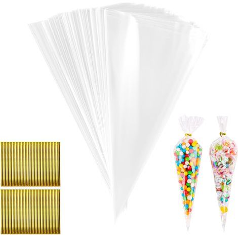 200 PCS Sachets Tanspaents Bonbons,Sac de Bonbons Biscuit Cadeau Maiage,Sachets bonbon annivesaie Cône,pou emballe des biscuits gâteau au chocolat confiseie,Fête,Paty,Bithday,Emballage (1/4)