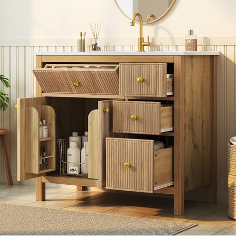Mueble de lavabo con patas 91x48x88 cm en MDF, madera y cerámica natural - MEUBLIV (1/5)