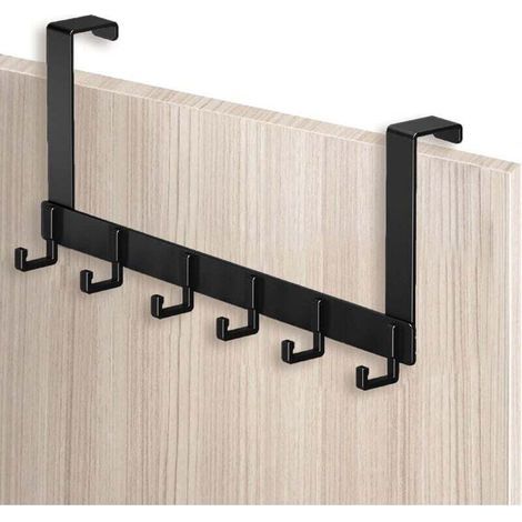Stainless steel over-the-door coat rack – 6 hooks – Drill-free installation – Fits doors 4.1 to 4.5 cm thick, black (1/4)