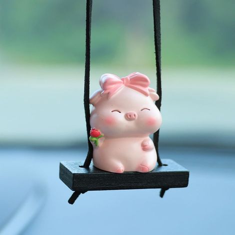Adorable ornement de voiture en forme de cochon qui se balance, pendentif porte-bonheur pour rétroviseur de voiture en forme de cochon, accessoire d'intérieur de voiture (cochon avec nœud). (1/5)