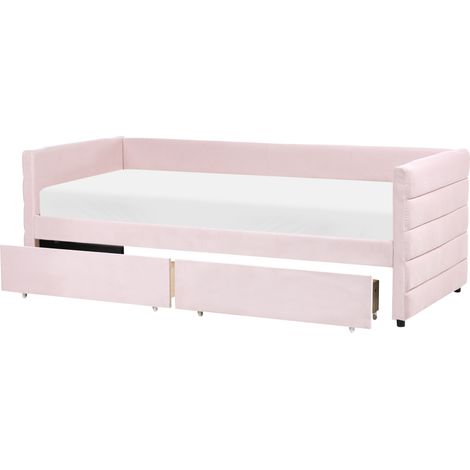 Cama con almacenaje tapizado de terciopelo 90 x 200 cm somier cajones rosa pastel Marray