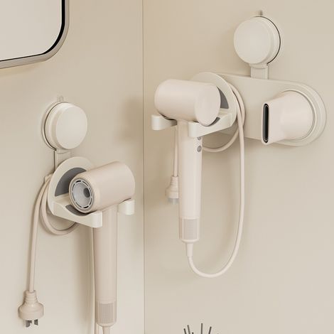 Soporte con ventosa para secador de pelo – Montaje en pared (sin necesidad de taladrar) – Estante para secador de pelo – Sistema de almacenamiento – Modelo magnético [Blanco crema]