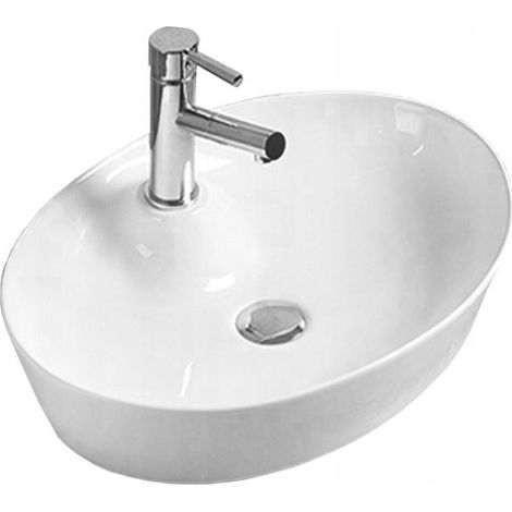 Vasque à poser ovale Silla, lavabo salle de bain en céramique 55x40x11 cm, design moderne, installation facile, Blanc