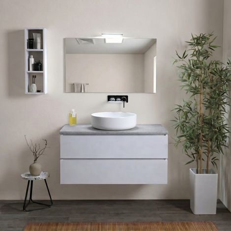 Mobile Bagno Sospeso 100Cm Bianco Export Con Top Beton E Specchio Con Lampada Berlin