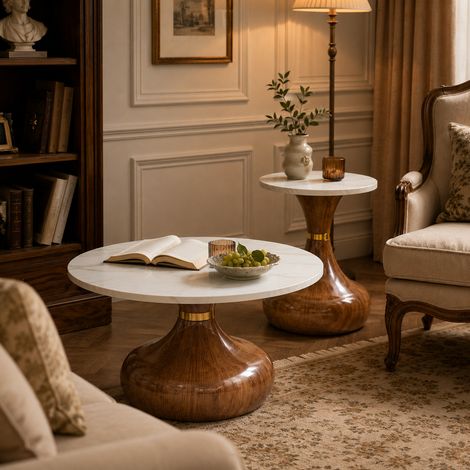2er Set runde Couchtische mit Marmoroptik Melamin-Tischplatte & Sanduhr-Sockel in Nussbaumoptik, modernes Luxus-Design, vielseitig für Wohnzimmer, Schlafzimmer & Büro (1/5)