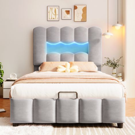 Letto singolo contenitore 90 x 200 cm con LED e testiera regolabile, velluto grigio, REDOM (1/5)
