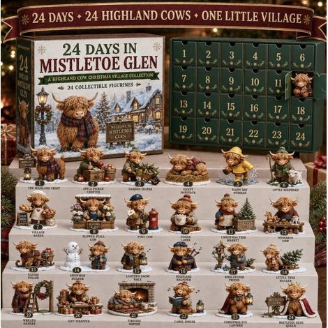 Calendario dell'Avvento 2026 2D con mucca delle Highlands e neve.