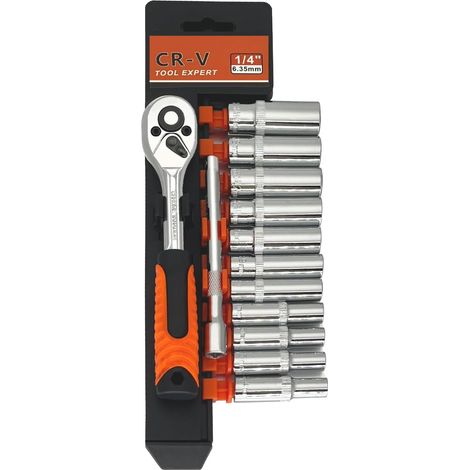 13Pcs Jeu de Clés à Cliquet 1/4, Coffret Douille Longues 1/4 Douilles Hexagonal Cr-V, Clef Réversible avec Tige d'extension Longue (4-14 mm) - (1/5)