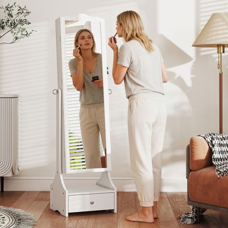 Specchio portagioie con luci LED, mobiletto portagioie con specchio regolabile ad angolazione completa, cassetti, tavolo pieghevole per interni, bianco