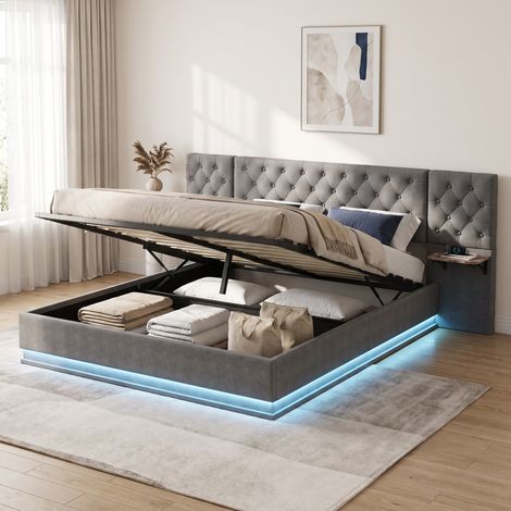 Lit coffre 140x200 cm, lit double capitonné avec LED RGB et charge sans fil, tête de lit allongée avec étagère, tisse lin, Gris (1/5)