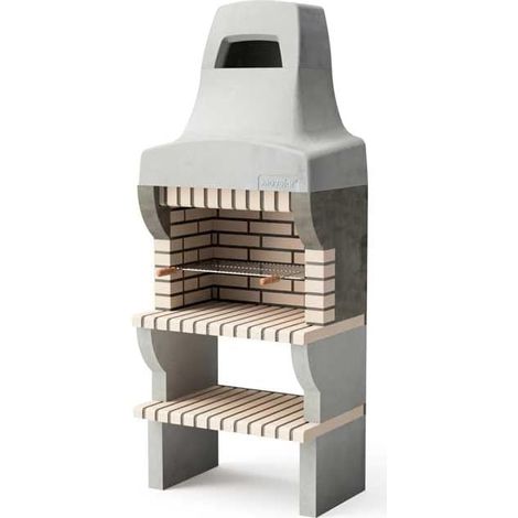 MOVELAR - Barbecue préfabriqué à bois et charbon de bois en béton réfractaire modèle Bailen Plus (Gris Beige - 86,5 x 58 x 220 cm) REF: 8887 - Barbecue en béton avec cheminée pour terrasse jardin (1/2)