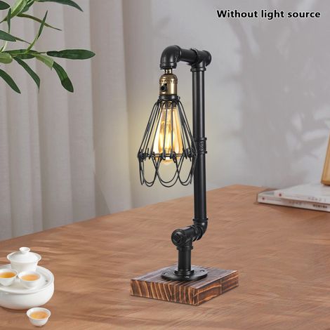 YISSALE - Lampe de Table Rétro Industrielle, Lampe de Bureau et de Chevet Créative en Fer et Bois, Douille E27 12W, 220V, Interrupteur, Tuyau Noir, Salon Chambre Bureau Café (1/5)