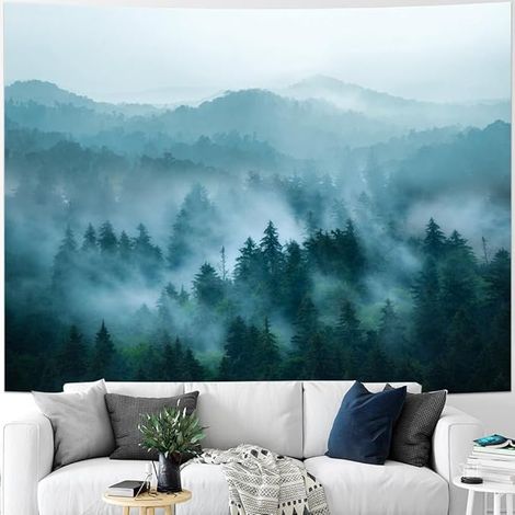 BEBUSINGOTO Tapiz de montaña con bosque, tapiz de árboles y bosque brumoso, tapiz de paisaje natural, tapiz de bosque de pinos brumoso, tapiz de pared para dormitorio, decoración de habitación de El S (1/5)