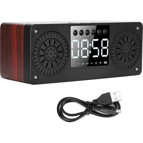 Réveil Bluetooth Mini Alarme Sans Fil Portable Haut-Parleur Musique Grave (Bois Rouge) (1/5)