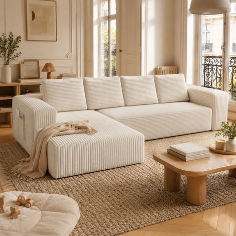 WUMAGIN - Canapé convertible - 4 Place - 261x145x58cm - Style nordique moderne - Tissu en velours côtelé - Facile à installer - Pour Salon, Chambre - Blanc (1/5)