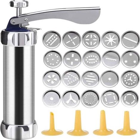 Ensemble presse-biscuits – Pistolet à pâte en aluminium avec 20 disques de façonnage et 4 embouts – Pour pâtes fines, argent (1/5)
