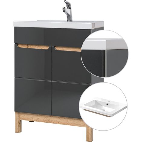 Waschtischunterschrank inkl. 61cm Keramikbecken SOLNA-56 Hochglanz grau mit Wotaneiche, B x H x T ca. 61 x 85 x 46cm (1/5)