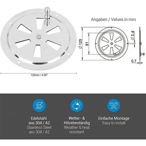 Grille aération VMC Ouverture Ventilation Acier Inoxydable Évents d'Aération Yacht Marin Grille d'Aération Ventilateur En Acier Inoxydable Plaque d'Aération Pour Yacht, Bateau, Camping-Car, Maison 125 (1/3)