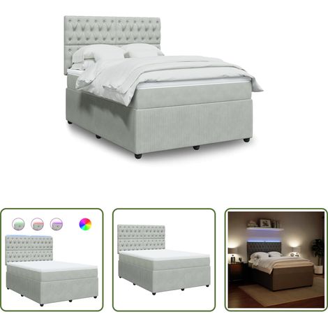 vidaXL LED-Beleuchtung - Boxspringbett mit Matratze Hellgrau 140x200 cm Samt (1/5)