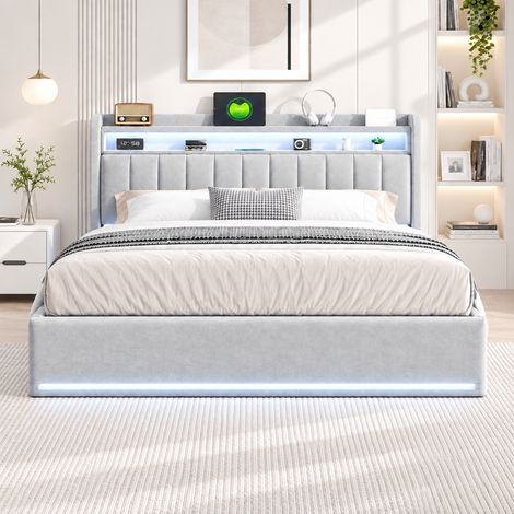 Lit coffre 160x200 cm avec sommier à lattes, lit double 160x200 avec rangement hydraulique, rangement tête de lit, LED & USB, cadre de lit en métal, velours gris (1/5)
