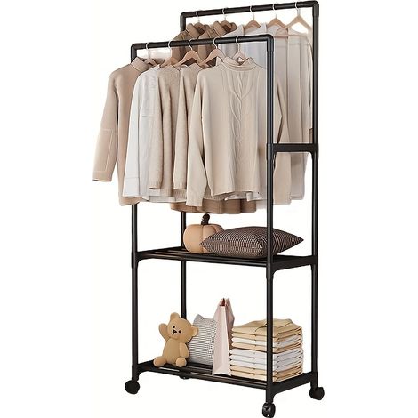 Porte-vêtements mobile, portemanteau sur roulettes, étagère de rangement, étagère pour chaussures et chapeaux, rangement pour chambre, idéal pour les balcons (Noir, 2 niveaux)