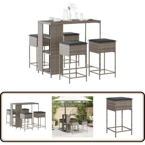 5-tlg. Gartenbar-Set mit Kissen Grau Poly Rattan - Gartensets - Gartenbar - Outdoor Möblierung - Rattan Gartenmöbel - Wetterfest