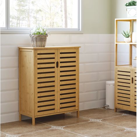 Mueble de baño de bambú 68 x 32 x 86 cm, 2 puertas de lamas OKMYHOME (1/5)