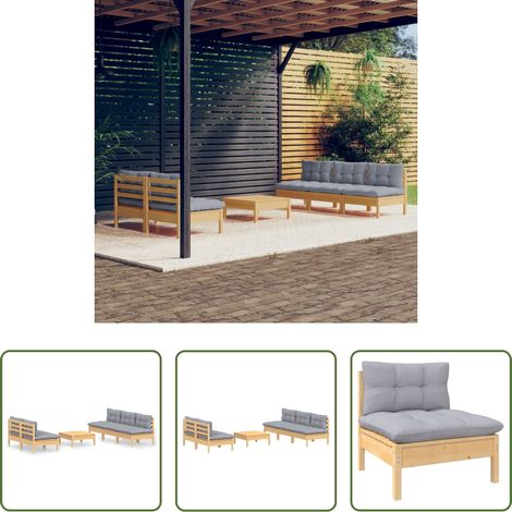 Terrassenmöbel - 6-tlg. Garten-Lounge-Set mit Grauen Kissen Kiefernholz (1/5)