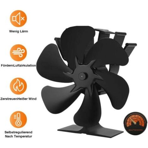 Ventilateur de poêle sans courant Autres accessoires de cheminée Souffleur de poêle 6 pales Souffleur avec thermomètre   Noir (1/5)