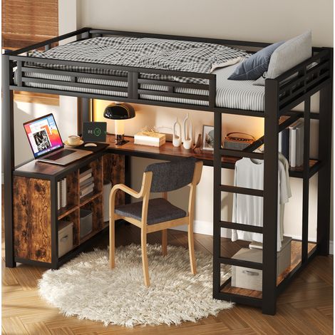 Letto a soppalco moderno 140x200 cm in metallo e MDF nero con scrivania, armadio aperto, LED, USB e protezioni (1/5)