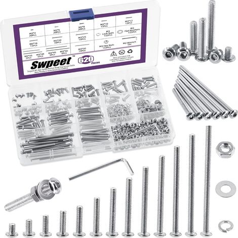 620pcs M3 Metric 304 Stainless Steel Hex Head Bolts with Flat Washers and Slotted Lock, Screws, Nuts - All Inclusive (1/5)