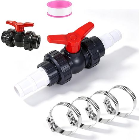 Robinet à boisseau sphérique avec raccord de tuyau 1/2" (50 mm), robinet d'arrêt en PVC pour piscine avec buses de tuyau de 32 à 38 mm, bande d'étanchéité, colliers de serrage, valve universelle pour (1/5)