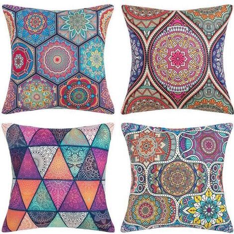 Bohemian mandala and floral print cushion covers, ethnic style for sofa or living room - set of 4 (45x45 cm)